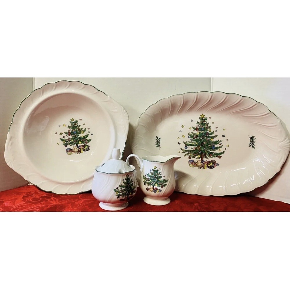 Nikko Christmas Holiday *5 Piece Set Creamer Sugar Vegetable Bowl Platter